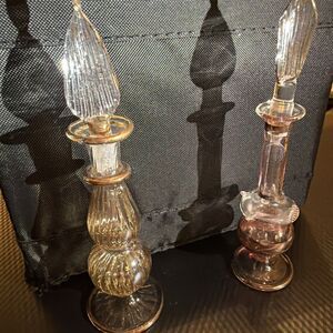 2 Vintage Hand Blown Etched Glass Perfume Bottles BeautifulAmber Glass Gold Trim